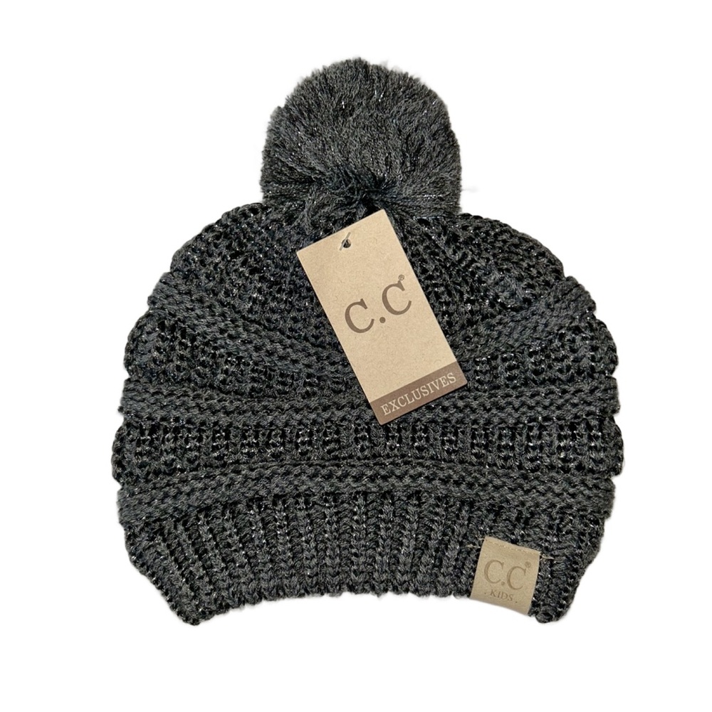 Grey Metallic Pom Pom Children’s Knit Winter Hat